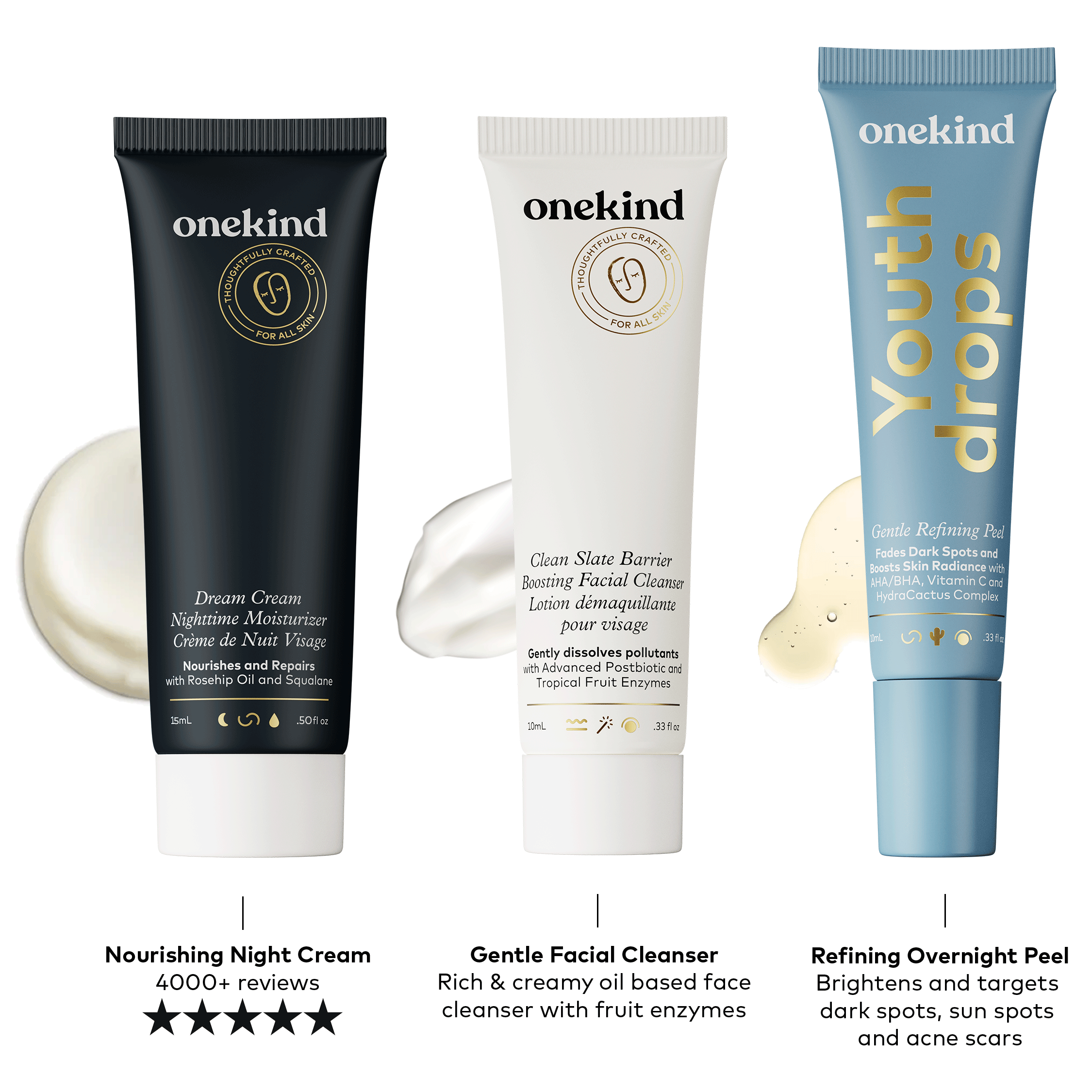 Three skin care products from onekind, including a dark blue tube of Dream Cream Nighttime Moisturizer, a white tube with gold and black writing of Clean Slate Barrier Boosting Facial Cleanser, and a light blue tube of Youthdrops Gentle Refining Peel serum.