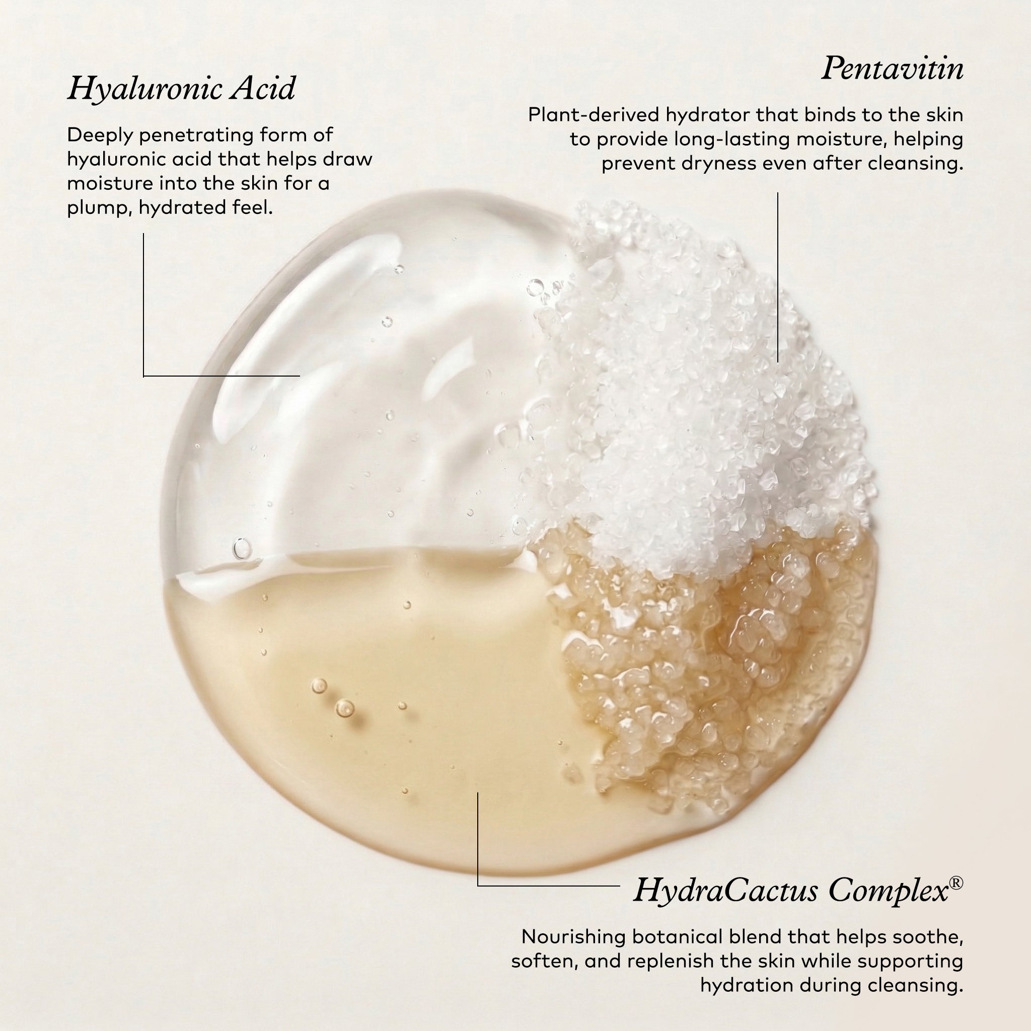 Skincare product with labeled ingredients on a light background