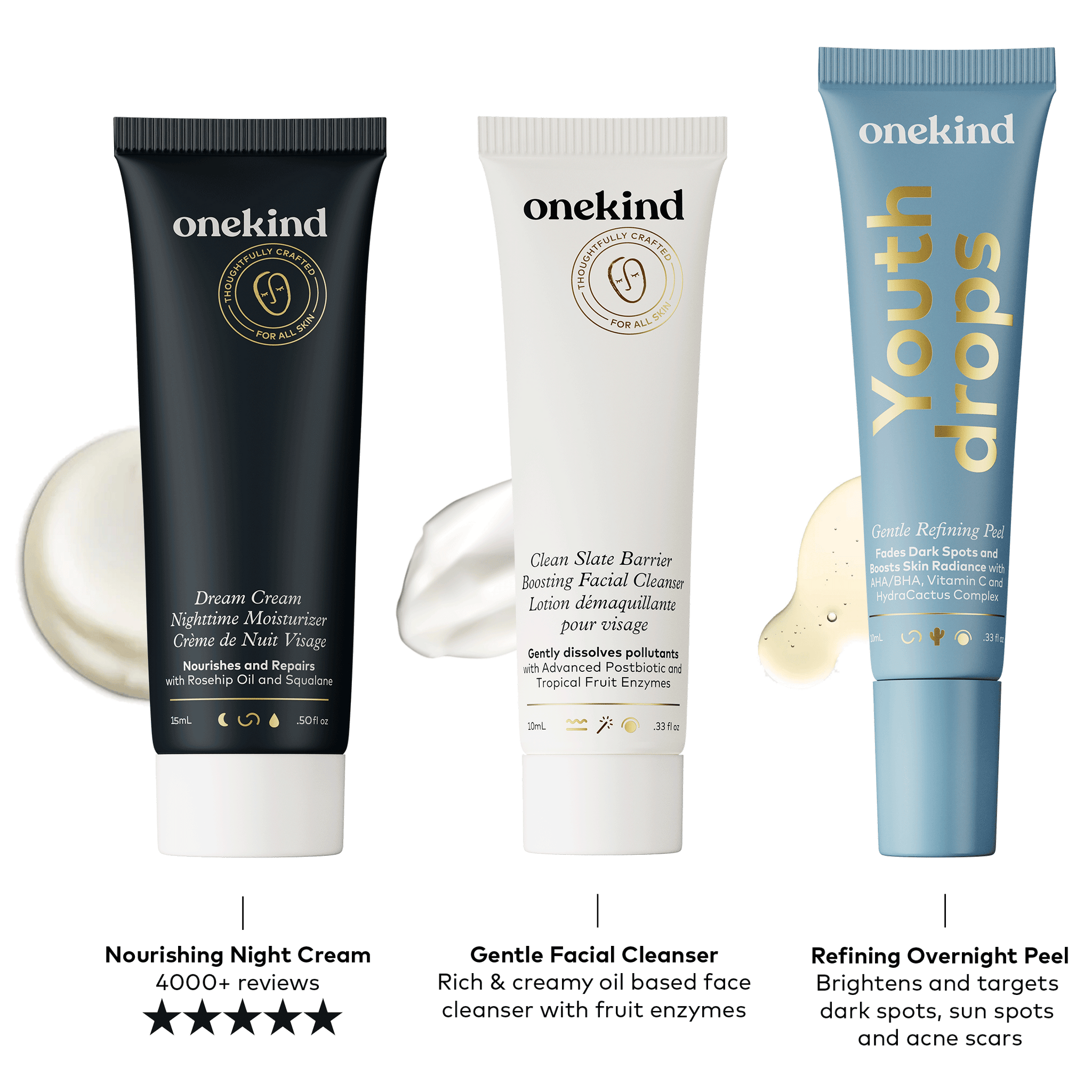 Three skin care products from onekind, including a dark blue tube of Dream Cream Nighttime Moisturizer, a white tube with gold and black writing of Clean Slate Barrier Boosting Facial Cleanser, and a light blue tube of Youthdrops Gentle Refining Peel serum.