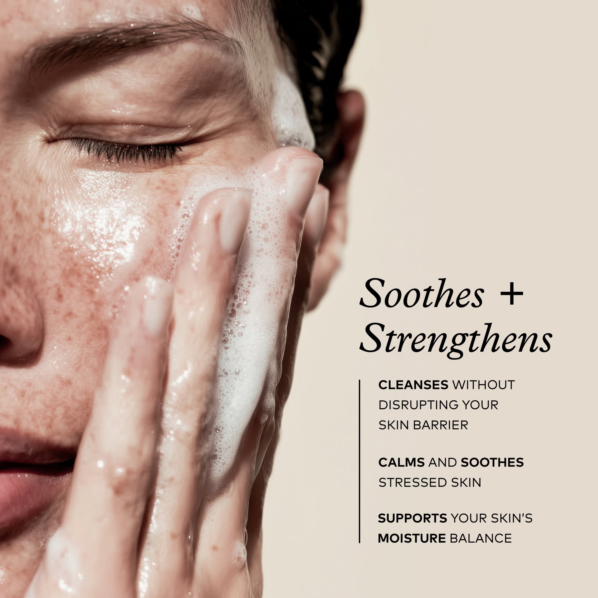 Person applying a skincare product with text highlighting benefits on a beige background