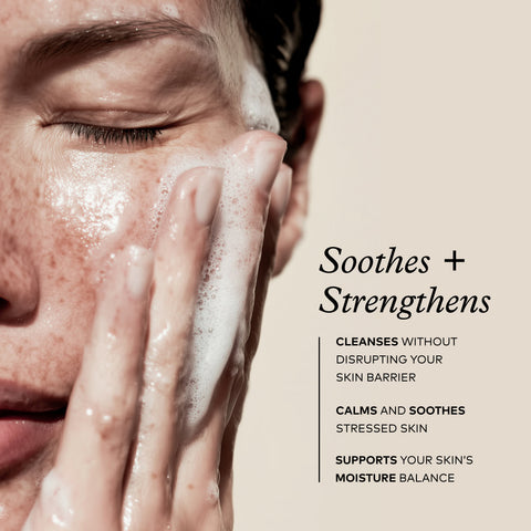 Person applying a skincare product with text highlighting benefits on a beige background