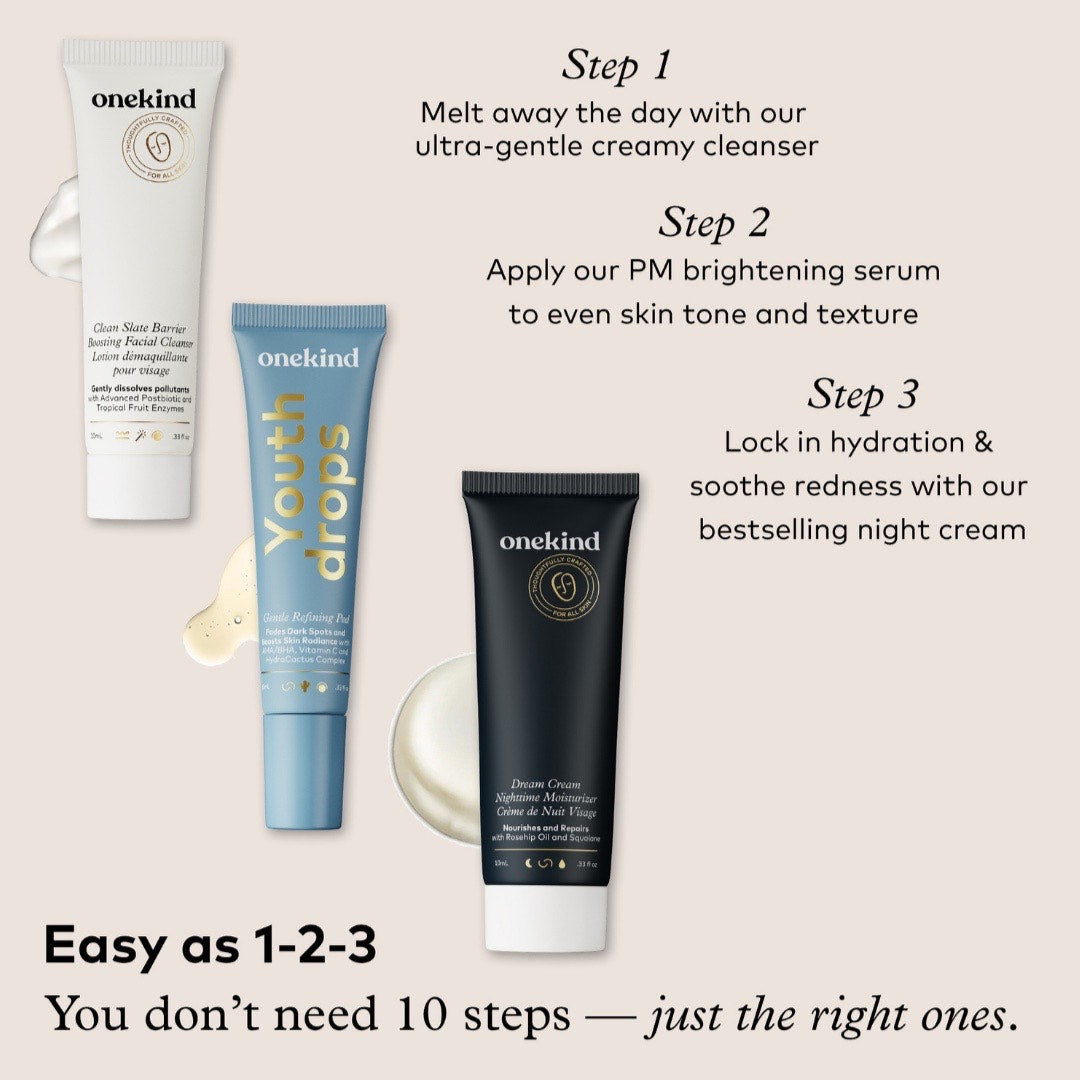 Three skincare products with step-by-step instructions on a light background