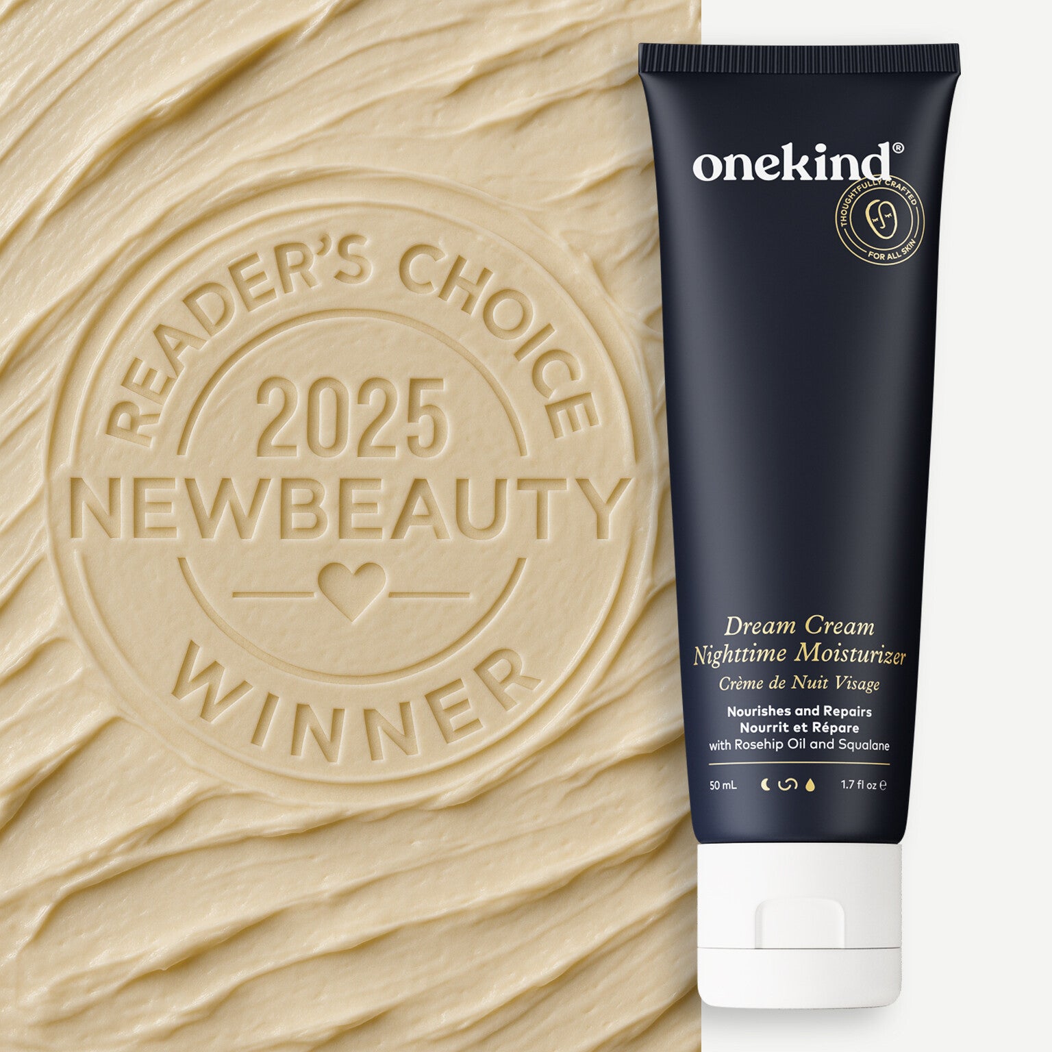 Onekind Dream Cream Nighttime Moisturizer tube with 'Reader's Choice 2025 New Beauty Winner' stamp on beige background