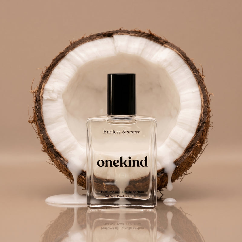 onekind perfume bottle with a coconut on a beige background