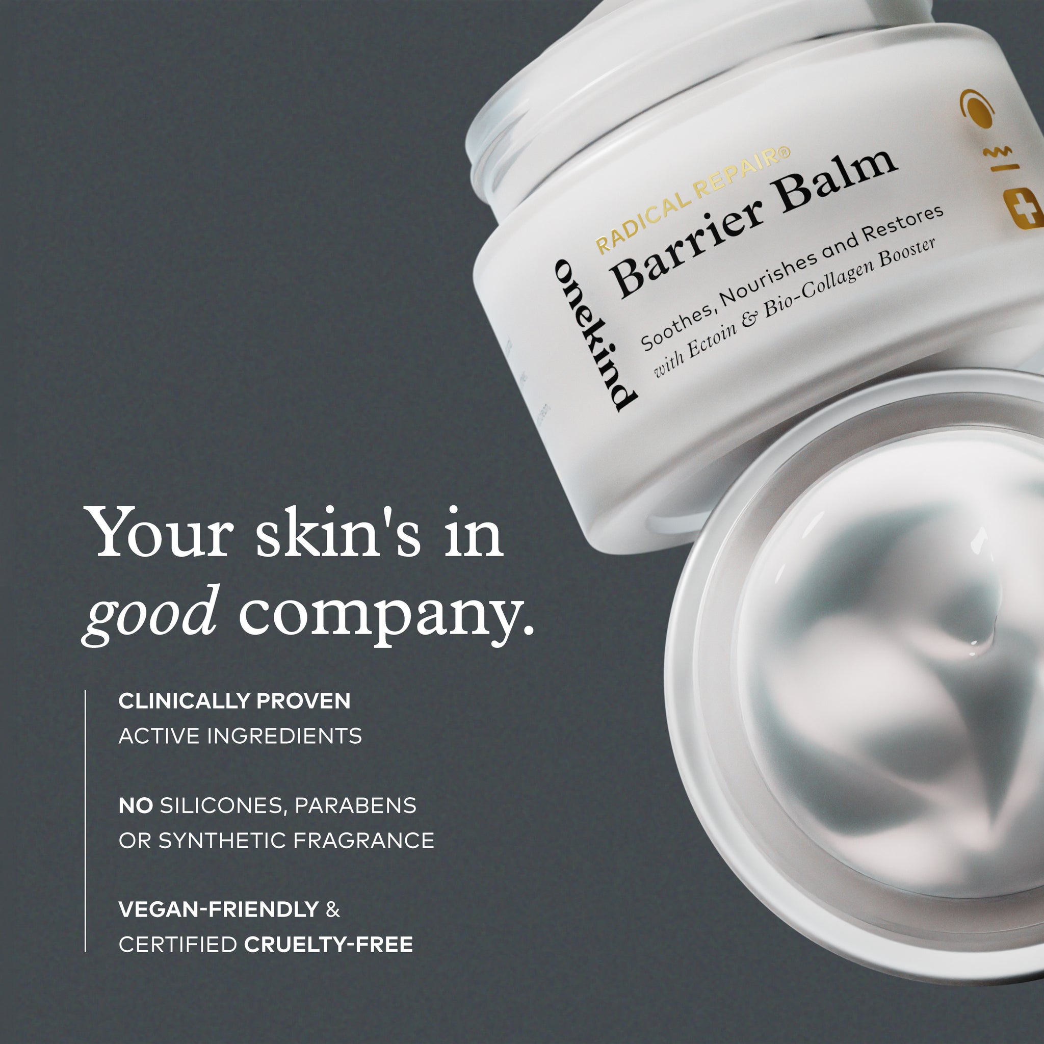 A cosmetic jar labeled 'onekind Barrier Balm' shown open on a dark gray background, with white cream visible in the container and marketing text on the left.